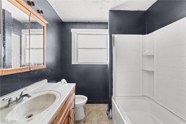 bathroom with toilet, tile patterned floors, and vanity