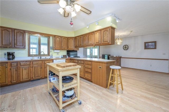 4561 Industry Rd, Ravenna, OH 44266 - kitchen with a peninsula, a breakfast bar, a wainscoted wall, a sink, and a wealth of natural light