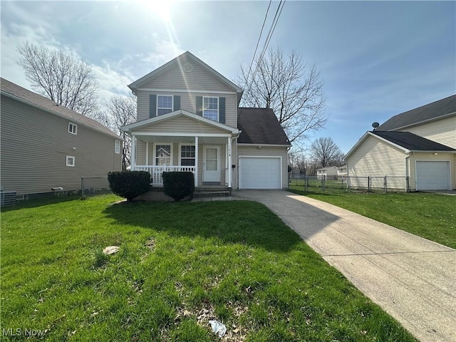 view of front of house featuring a front lawn, an attached garage, fence, a porch, and driveway