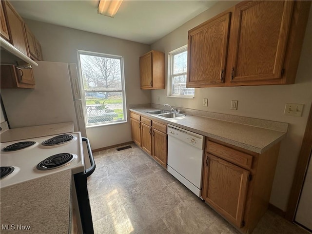 kitchen with brown cabinetry, a sink, baseboards, light countertops, and white appliances