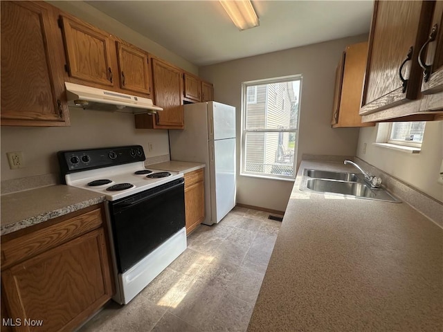 kitchen featuring plenty of natural light, brown cabinetry, a sink, electric stove, and under cabinet range hood