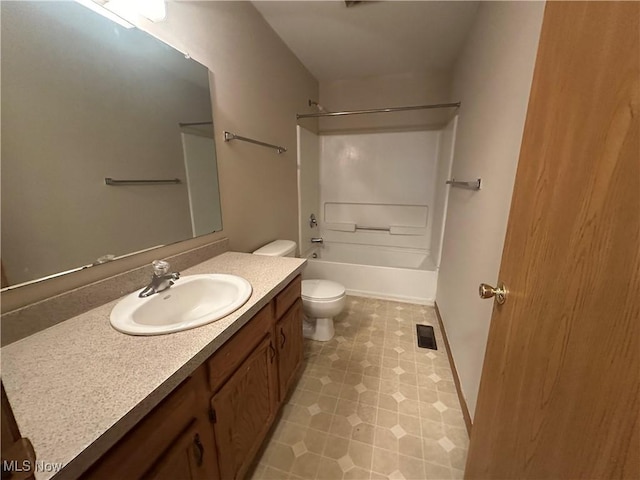 full bath featuring toilet,  shower combination, visible vents, and vanity