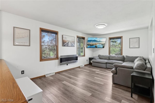 living room featuring baseboards, visible vents, a glass covered fireplace, and wood finished floors