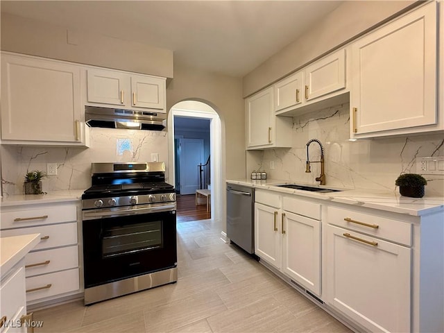 kitchen featuring a sink, decorative backsplash, under cabinet range hood, and stainless steel appliances