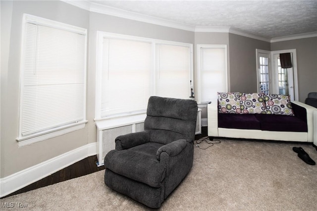 living area featuring baseboards and ornamental molding