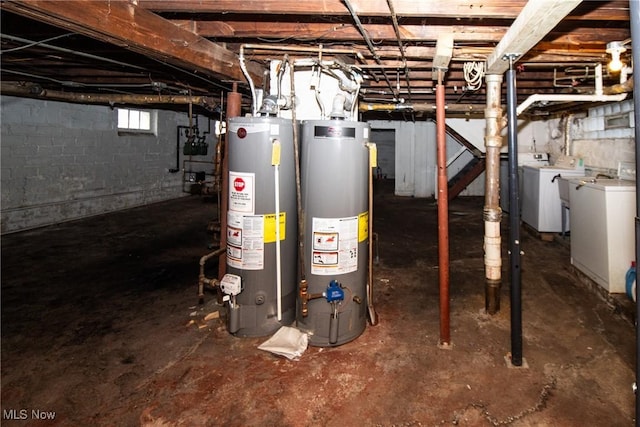 basement with water heater and washer and dryer