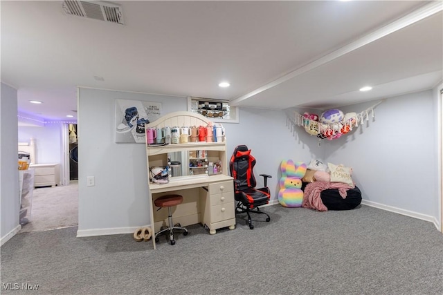 game room featuring carpet floors, recessed lighting, baseboards, and visible vents