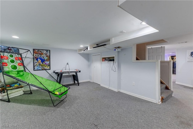 game room featuring carpet flooring, recessed lighting, and baseboards