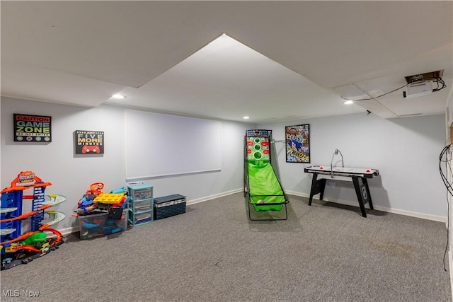 playroom with carpet floors, recessed lighting, and baseboards