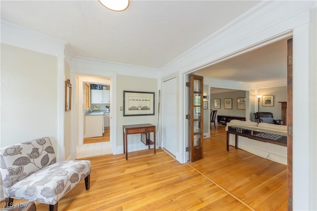 2155 Middlefield Rd, Cleveland Heights, OH 44106 - hall with crown molding and light wood-type flooring