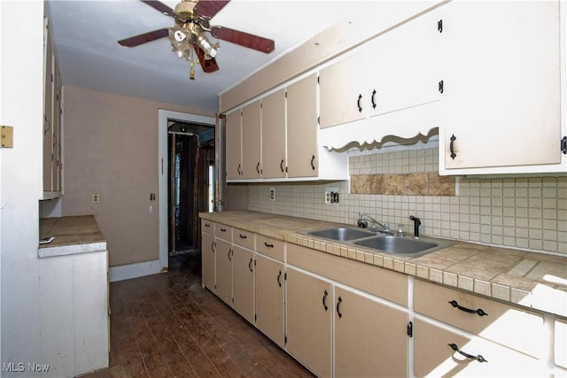 7333 Blachleyville Rd, Wooster, OH 44691 - kitchen with a sink, dark wood-type flooring, ceiling fan, backsplash, and baseboards