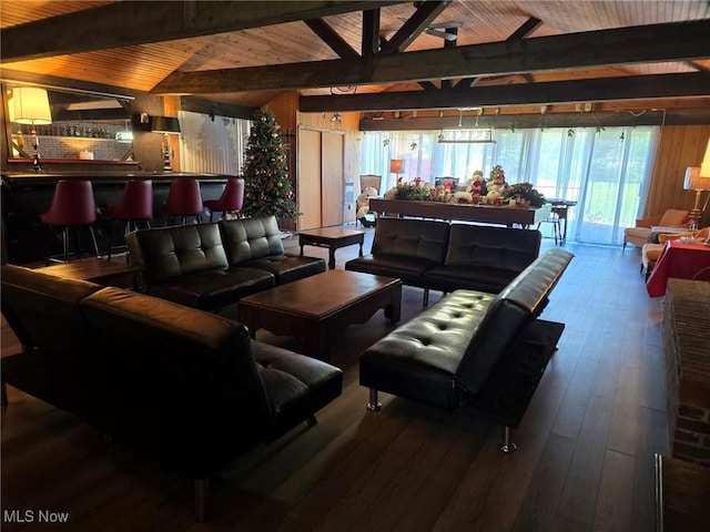 5294 Cottage Dr, Mecca, OH 44410 - living room featuring wood walls, lofted ceiling with beams, wooden ceiling, and hardwood / wood-style floors