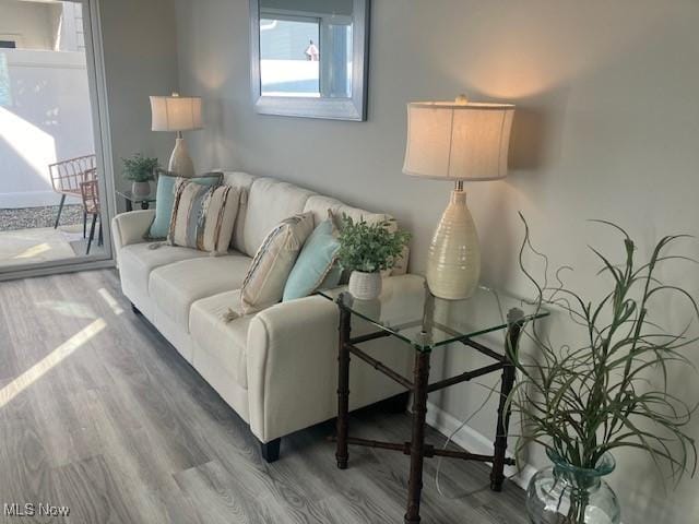 living area featuring baseboards and wood finished floors