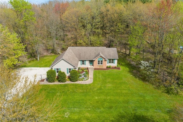 view of front facade featuring dirt driveway, a front yard, and a wooded view