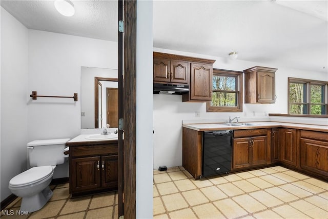 kitchen featuring light countertops, light floors, dishwasher, and a healthy amount of sunlight