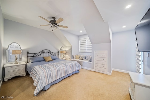 1432 Lake Vue Dr, Roaming Shores, OH 44085 - bedroom featuring ceiling fan, light colored carpet, recessed lighting, baseboards, and lofted ceiling