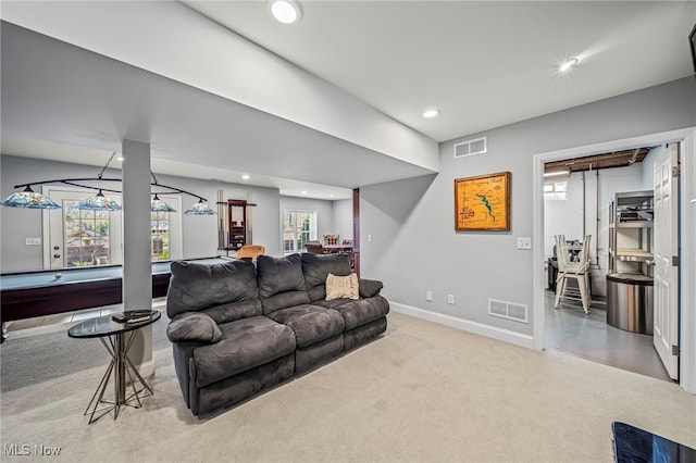 1432 Lake Vue Dr, Roaming Shores, OH 44085 - living area with visible vents, recessed lighting, baseboards, and carpet floors