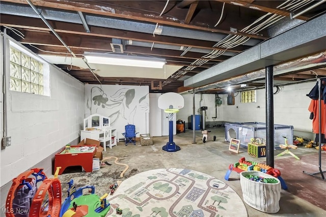 basement with concrete block wall