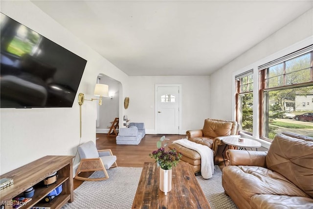 living room featuring baseboards, arched walkways, and wood finished floors