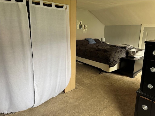 bedroom featuring carpet and lofted ceiling