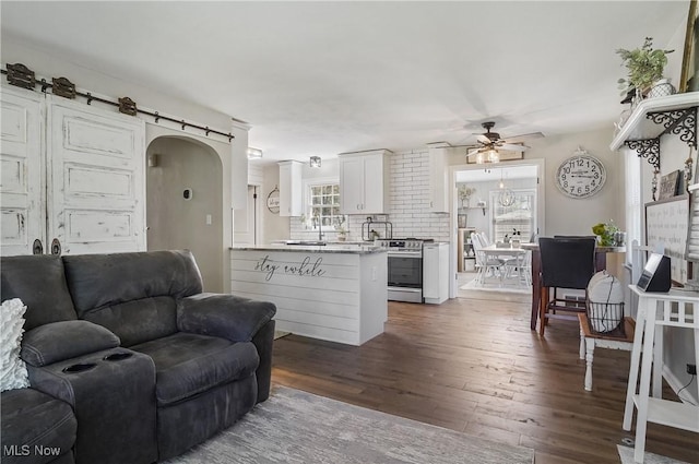 living area featuring a ceiling fan, arched walkways, and dark wood-type flooring