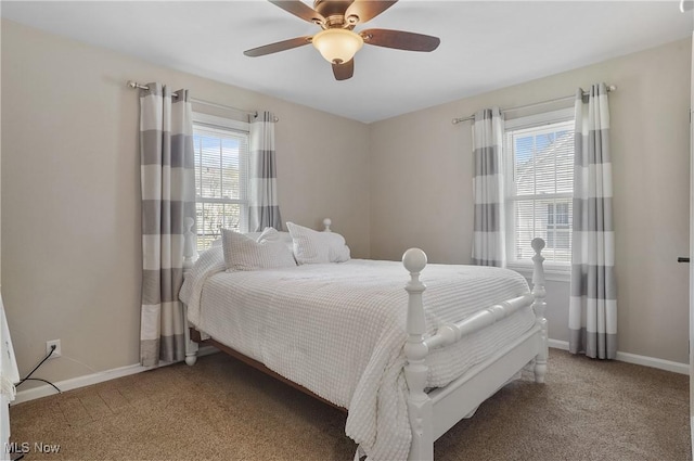 bedroom with baseboards, ceiling fan, and light carpet