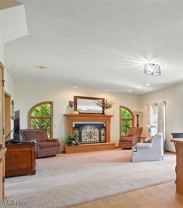 16544 Davis Dr, Calcutta, OH 43920 - living area featuring a fireplace with raised hearth, recessed lighting, and wood finished floors