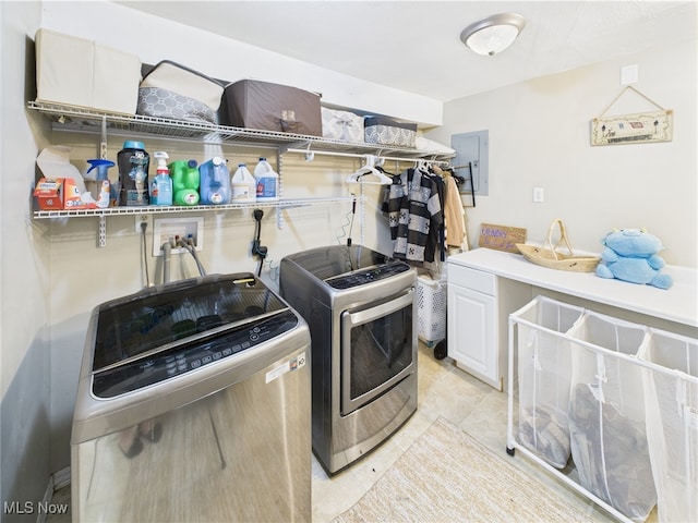 155 Richwood Ct, Belpre, OH 45714 - washroom featuring laundry area, light tile patterned floors, washing machine and dryer, and electric panel
