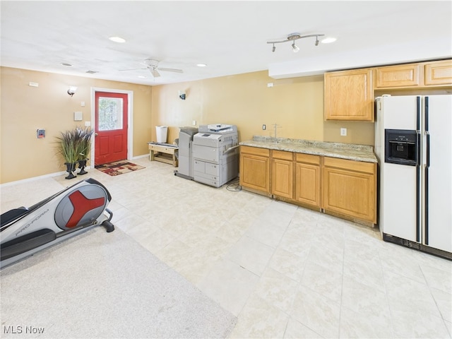 155 Richwood Ct, Belpre, OH 45714 - interior space featuring a ceiling fan, recessed lighting, and white fridge with ice dispenser