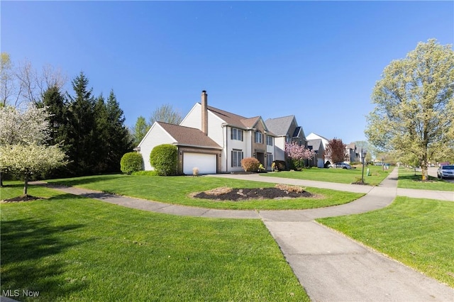 view of property exterior with a yard, a residential view, concrete driveway, and an attached garage