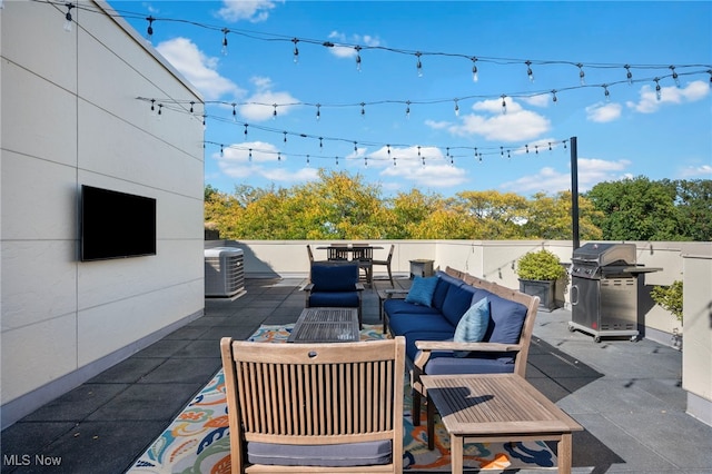 view of patio / terrace featuring central air condition unit, area for grilling, and outdoor lounge area