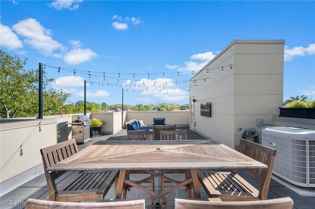 view of patio with central AC unit, outdoor dining area, and a grill