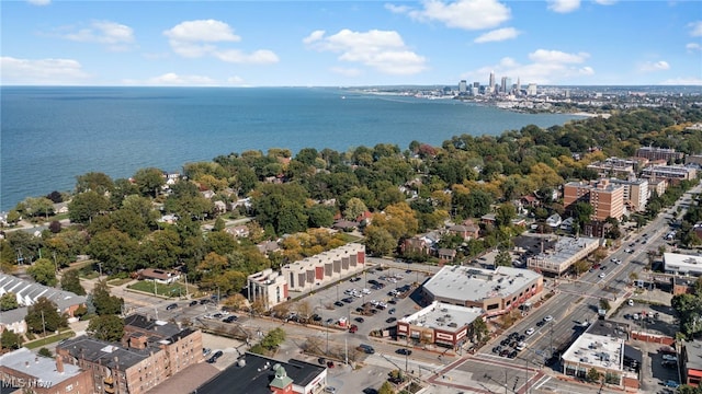 aerial view featuring a water view and a city view