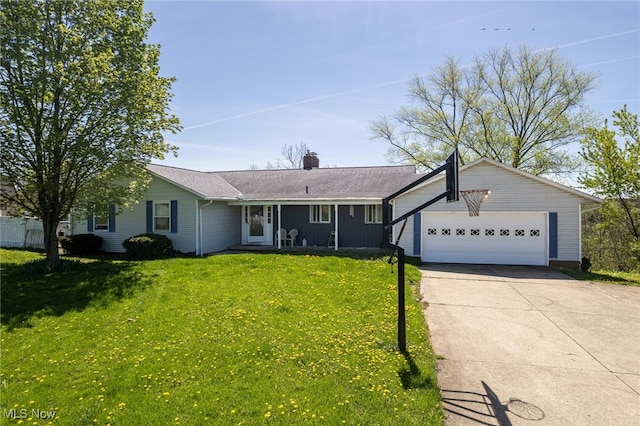 4299 Weymouth Rd, Medina, OH 44256 - ranch-style house featuring a front yard, a chimney, a shingled roof, an attached garage, and driveway