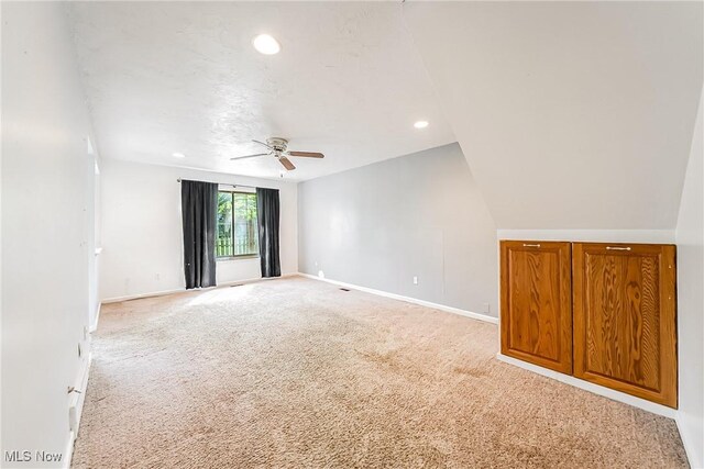 unfurnished room featuring baseboards, a ceiling fan, recessed lighting, and light colored carpet