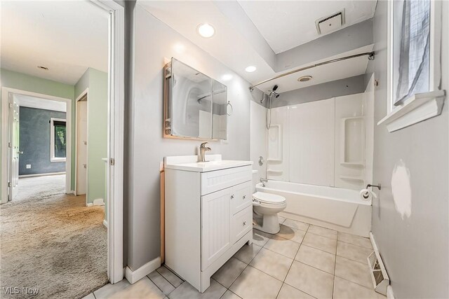 full bath with vanity, toilet, bathtub / shower combination, recessed lighting, and tile patterned floors