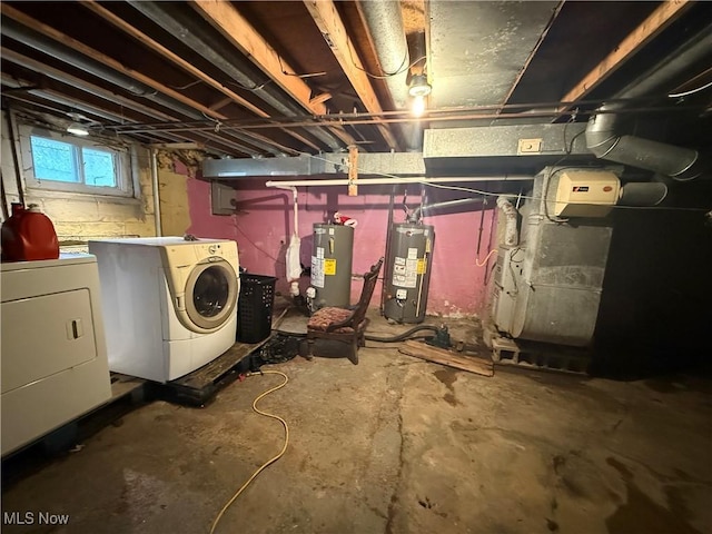 below grade area featuring separate washer and dryer and electric water heater