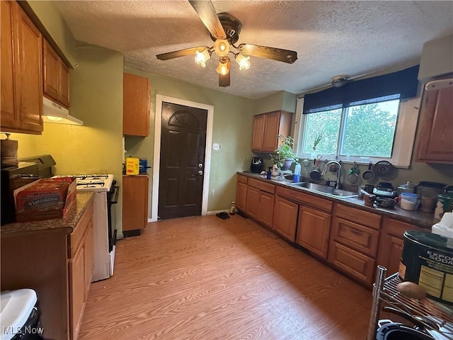 kitchen with gas range gas stove, a textured ceiling, under cabinet range hood, a sink, and light wood-style flooring