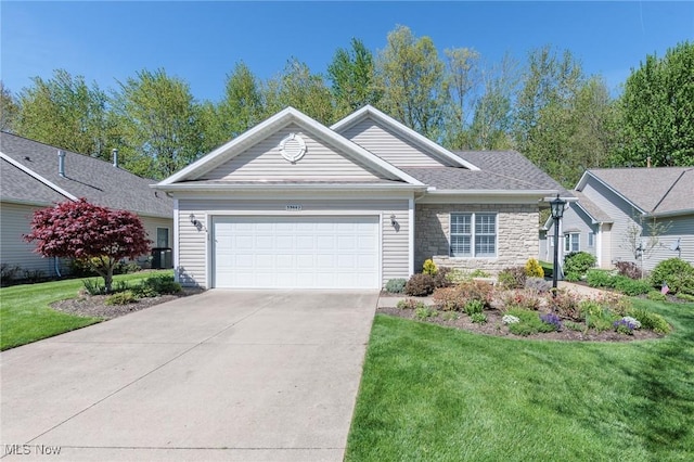 single story home featuring an attached garage, a front lawn, driveway, and stone siding