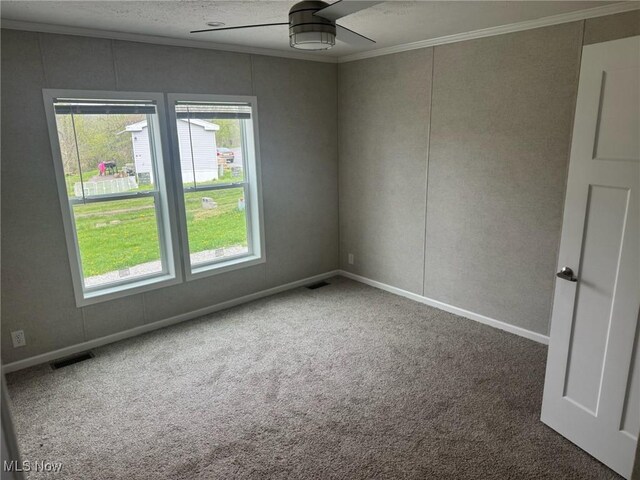46115 US Highway 36, Coshocton, OH 43812 - carpeted empty room featuring ceiling fan, visible vents, ornamental molding, and plenty of natural light