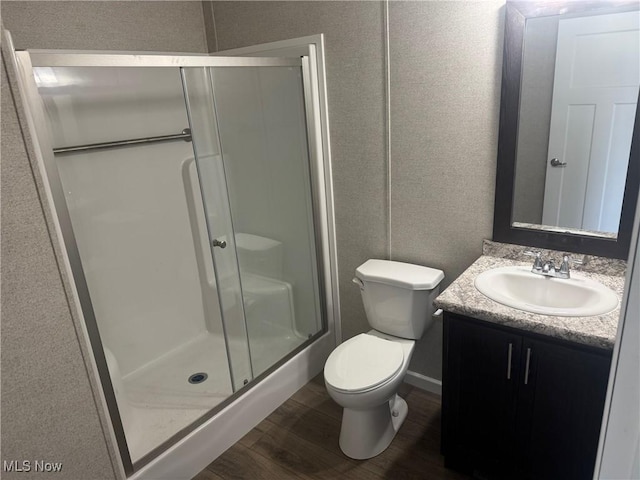 46115 US Highway 36, Coshocton, OH 43812 - bathroom featuring vanity, a shower stall, toilet, and wood finished floors