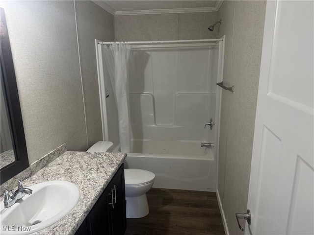 46115 US Highway 36, Coshocton, OH 43812 - full bathroom featuring wood finished floors, vanity, ornamental molding, shower / tub combo with curtain, and a textured wall