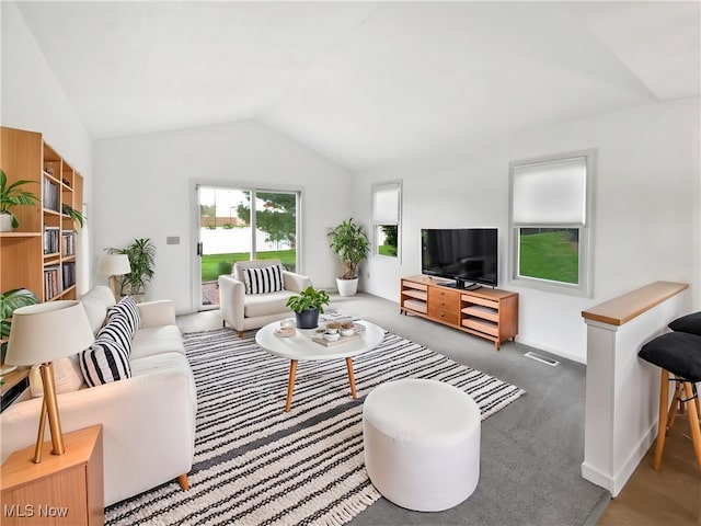 living area with visible vents and lofted ceiling
