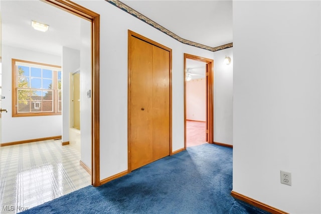 hall featuring baseboards and carpet flooring