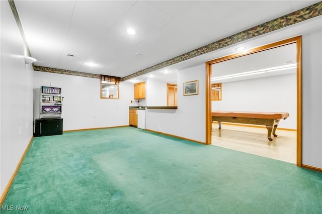 unfurnished living room featuring baseboards, carpet flooring, and billiards