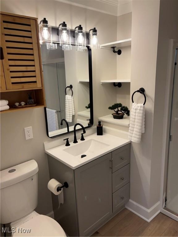 bathroom featuring toilet, wood finished floors, a shower with shower door, and vanity