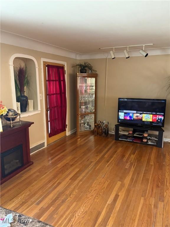living area featuring track lighting, a fireplace, and wood finished floors