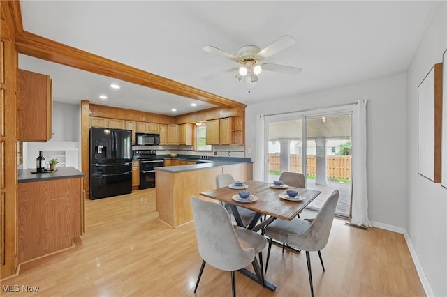 dining space with baseboards, recessed lighting, light wood finished floors, and ceiling fan