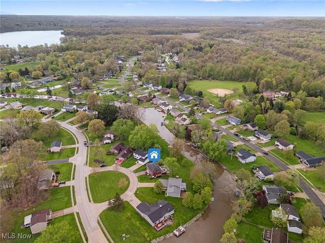 bird's eye view with a residential view, a view of trees, and a water view