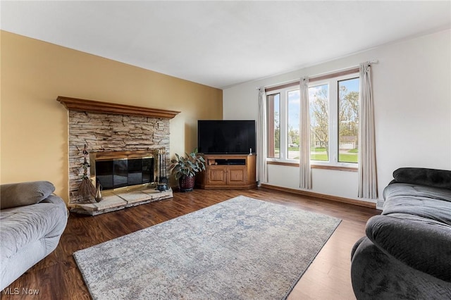 living area featuring wood finished floors and a fireplace